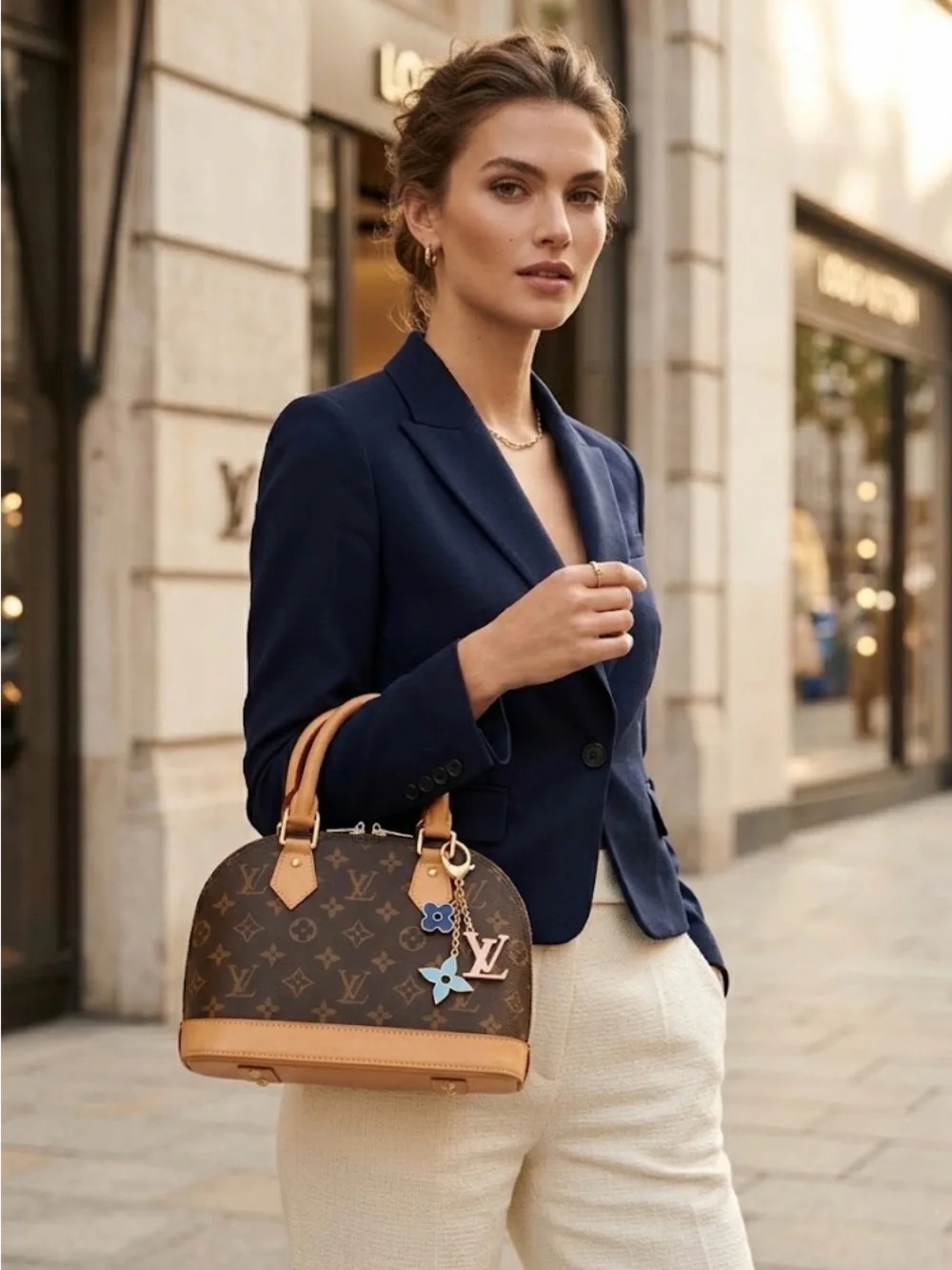 Luxury Fashion Bag Charm Keychain Monogram And Bright Bkue And Pink Motifs